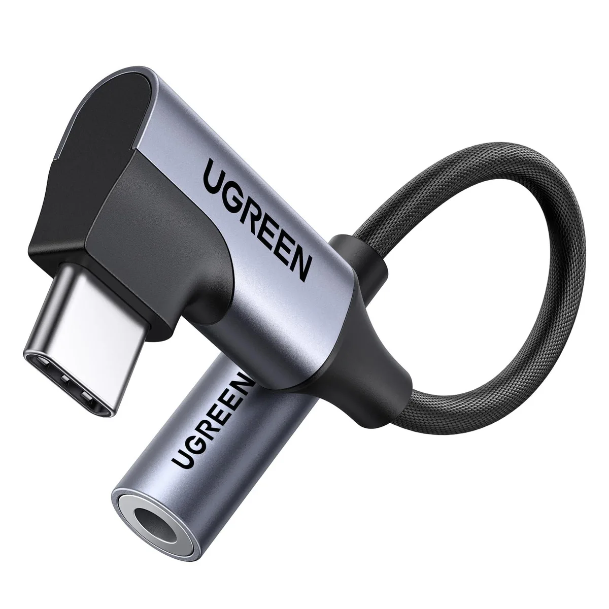 Grey right-angle USB-C to 3.5mm audio adapter with braided cable and aluminium housing