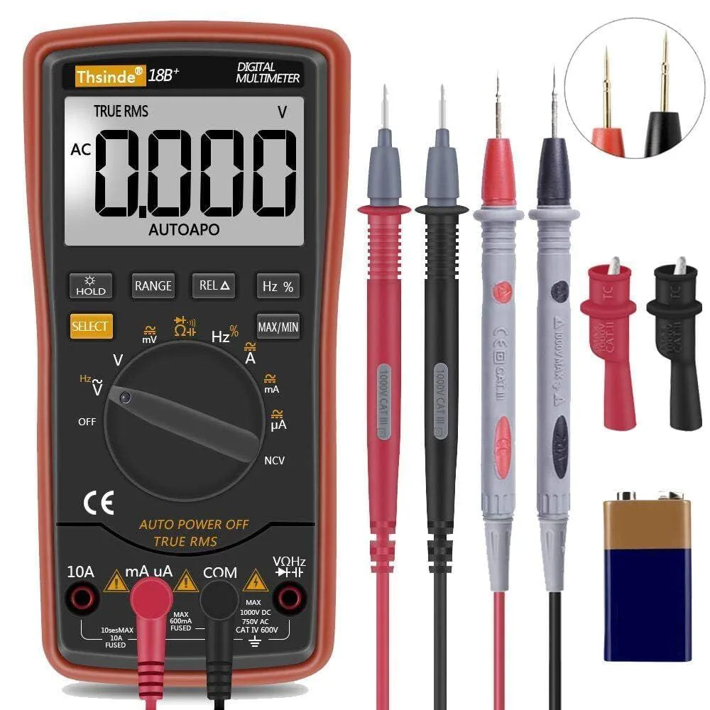 Yellow handheld clamp multimeter with black jaw, grey buttons, LCD screen, red and black test leads with alligator clips