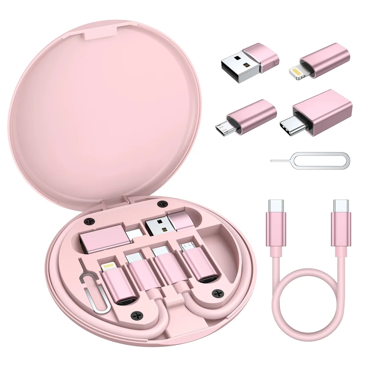 Round aluminium case with USB-C cable and multiple adapters in black