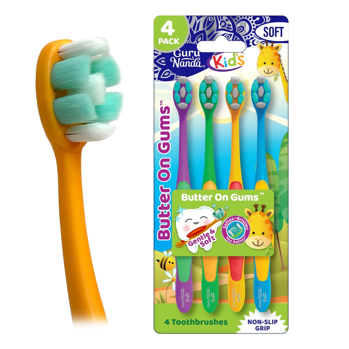 Four multicolor manual kids toothbrushes with ultra-soft bristles and ergonomic handles