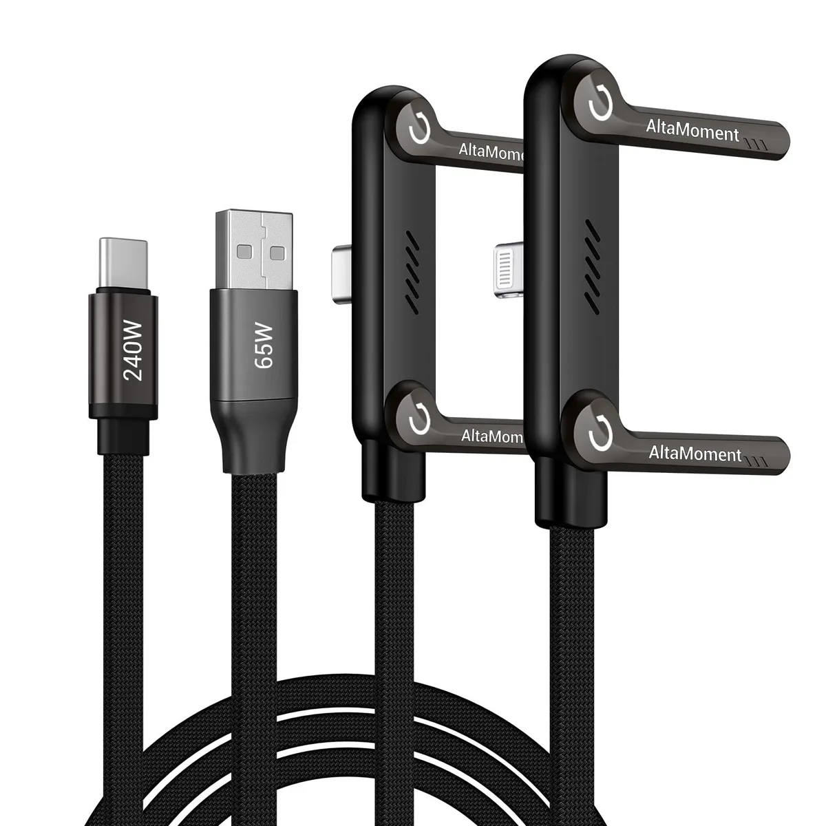 Orange braided charging cables with foldable metal stand