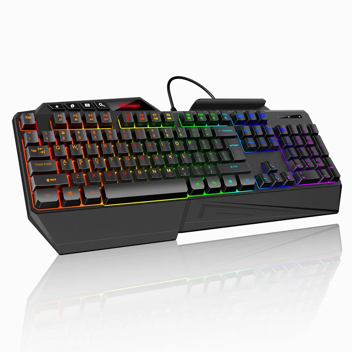TECKNET TK-GK006 Gaming Keyboard 108 Keys 26-Key Anti-Ghosting 13 Lighting Modes Wrist Rest Phone Holder Black — product photo
