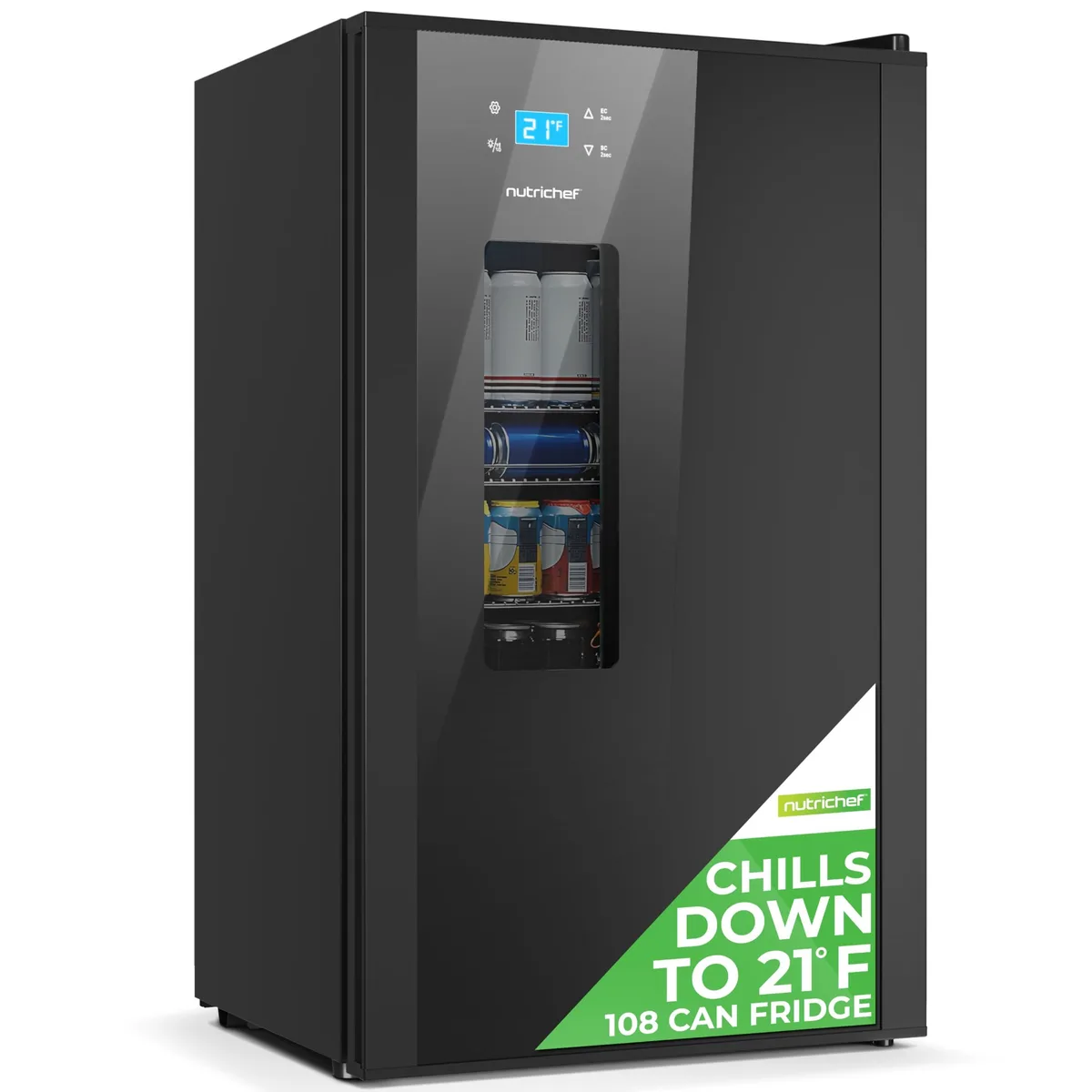 Black freestanding beverage fridge with glass door and LED interior lighting