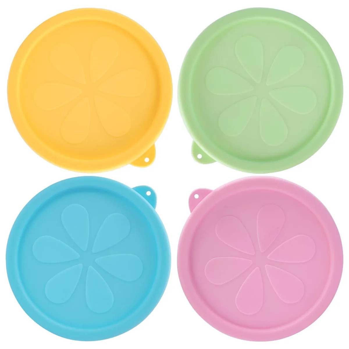Four round silicone lids in blue, pink, yellow and green with hanging holes