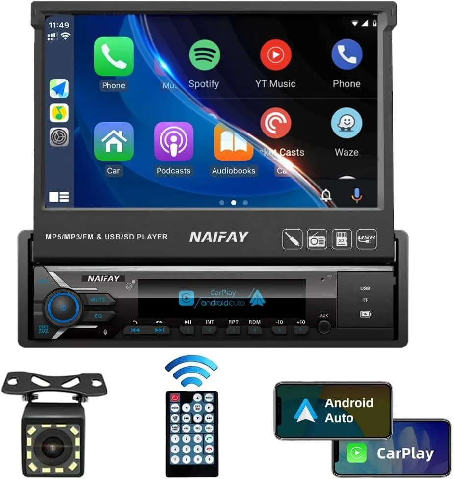 WUQ WUQ 7 inch Flip Out Car Stereo Carplay Android Auto Bluetooth 5.1 Backup Camera 170° 12 LED 1024x600 — product photo