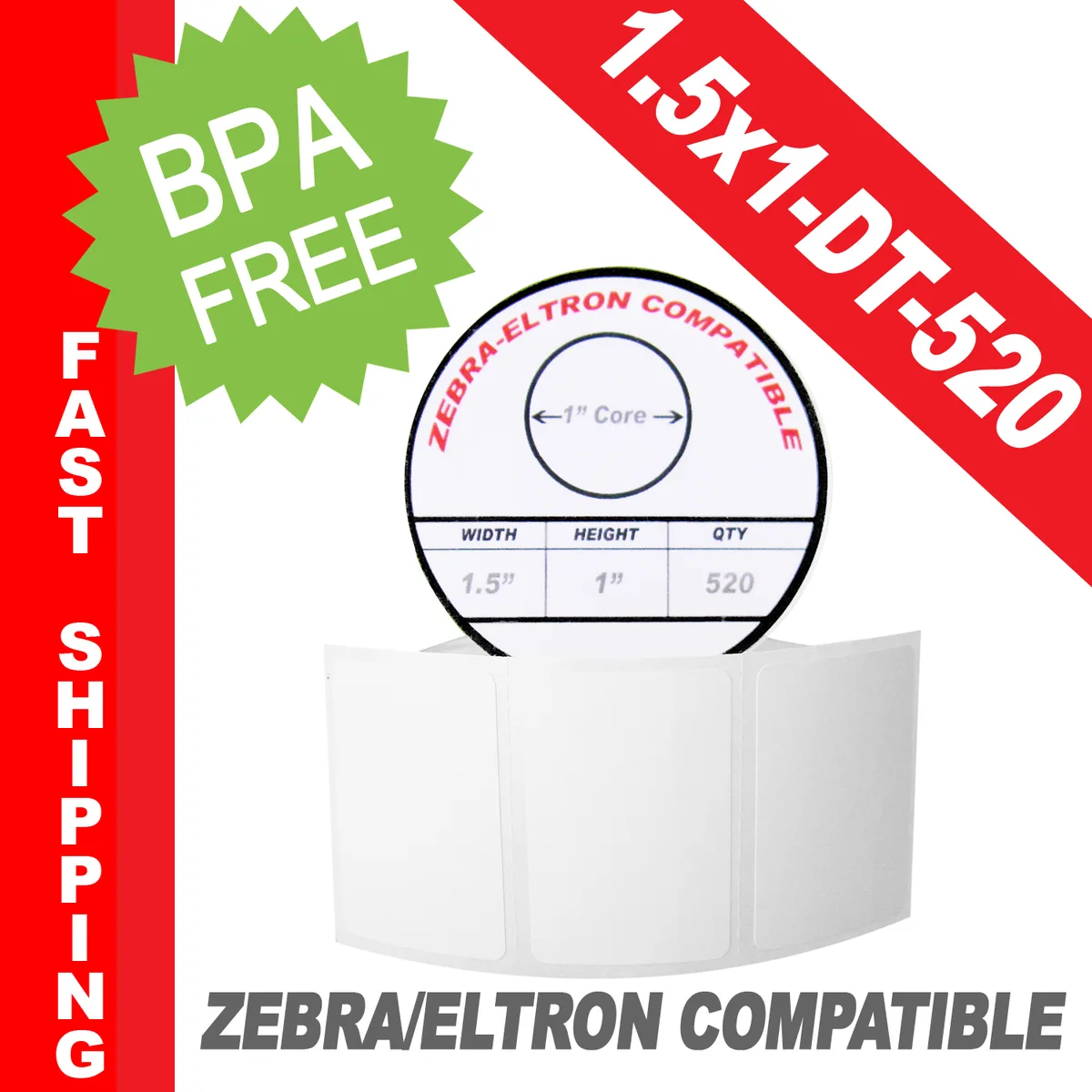 White rectangular direct thermal labels on a roll, 1.5 by 1 inches, 520 per roll, 1 inch core, 3.5 to 4 inch outer diameter