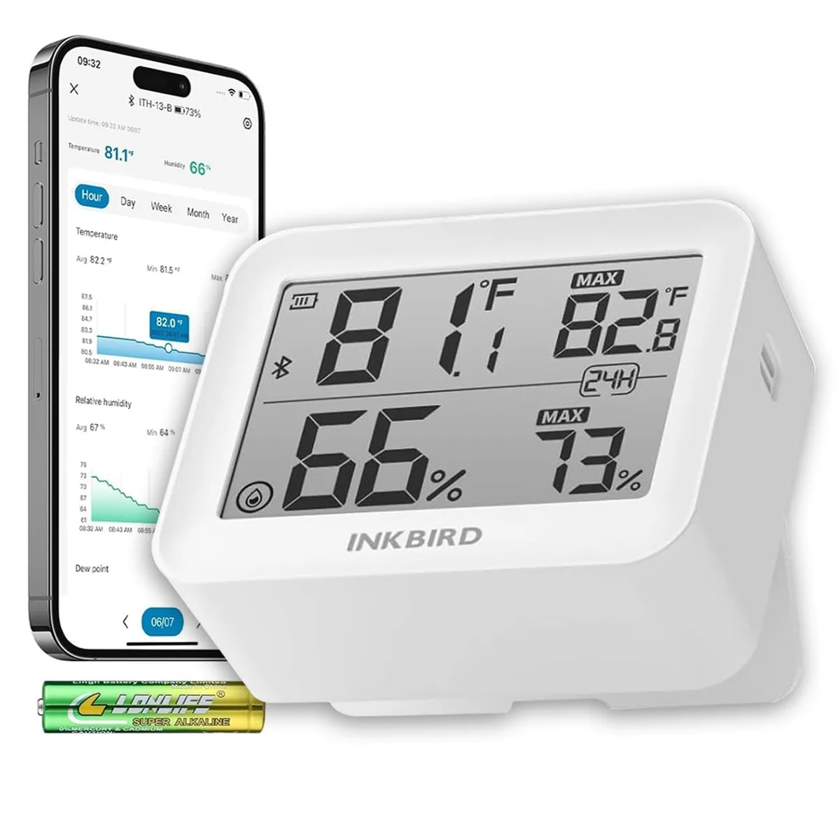 White rectangular Bluetooth thermometer hygrometer with LCD screen and wall-mount slot