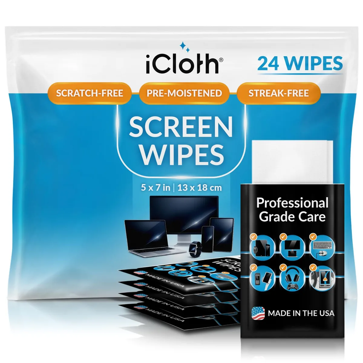 Box of 24 individually wrapped white screen wipes 13 x 18 cm
