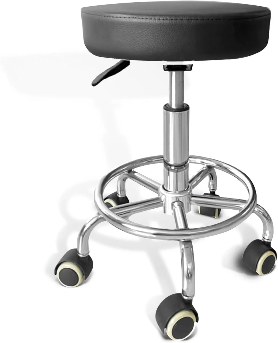 Black rolling stool with PU leather seat, five casters, adjustable height 17.7 to 22.8 inches