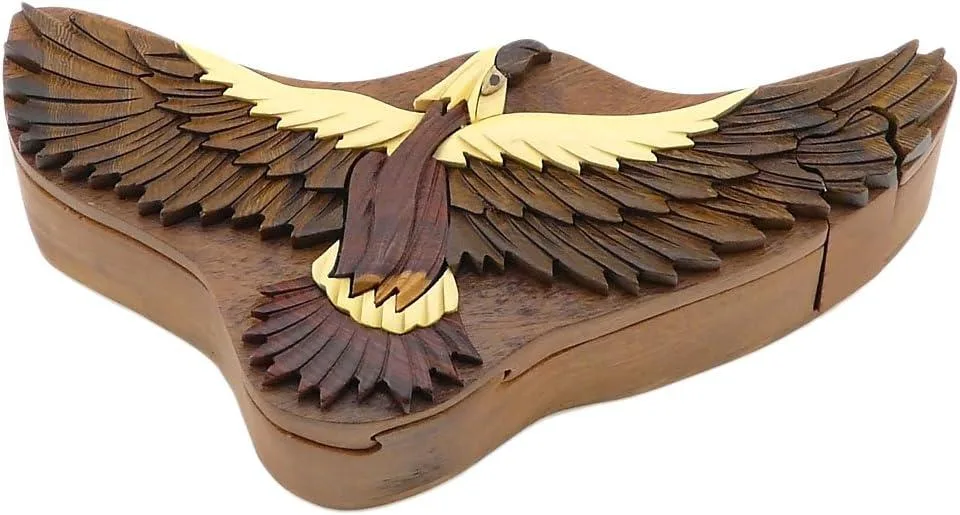 South Asian Handicrafts South Asian Handicrafts Hawk Wood Intarsia Puzzle Box hobby collectible — product photo