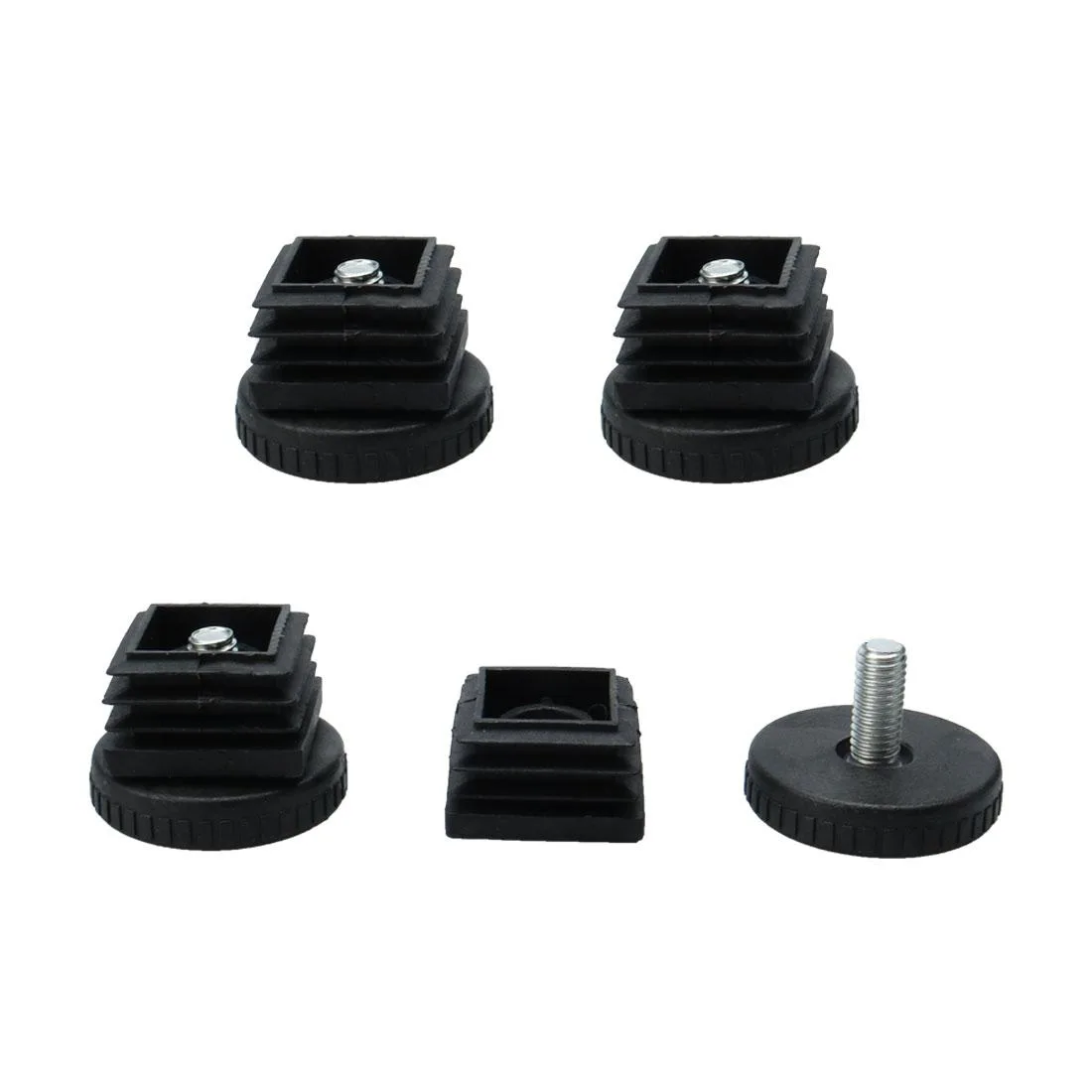 Four sets of black plastic square tube inserts with adjustable threaded feet, 25mm size