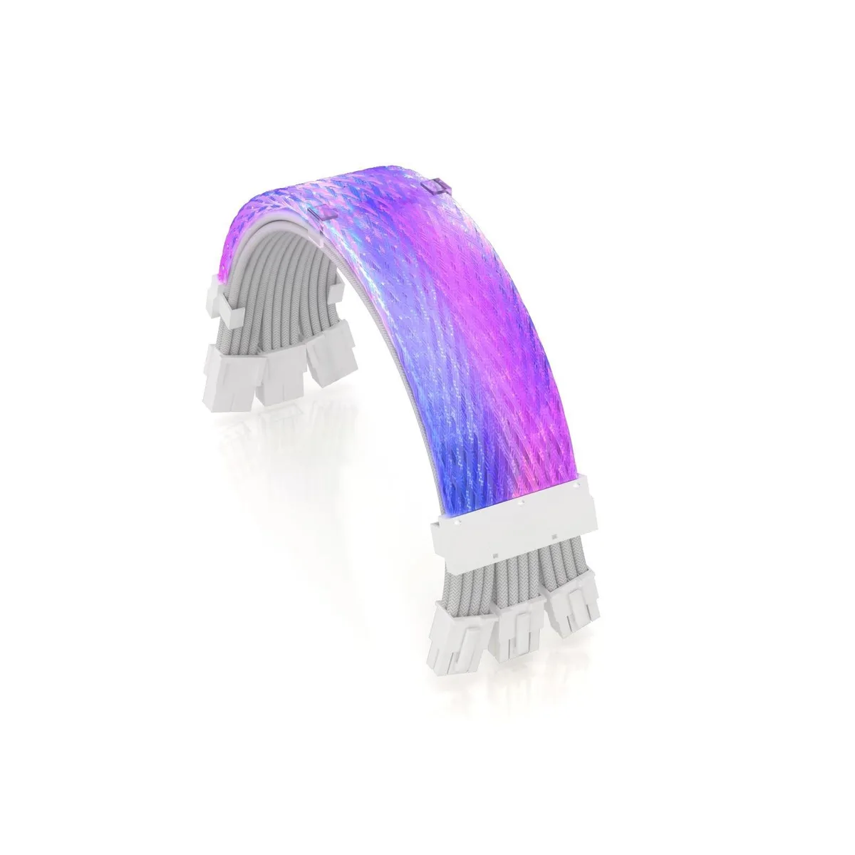 White ARGB GPU power cable with three 8-pin connectors and braided sleeving