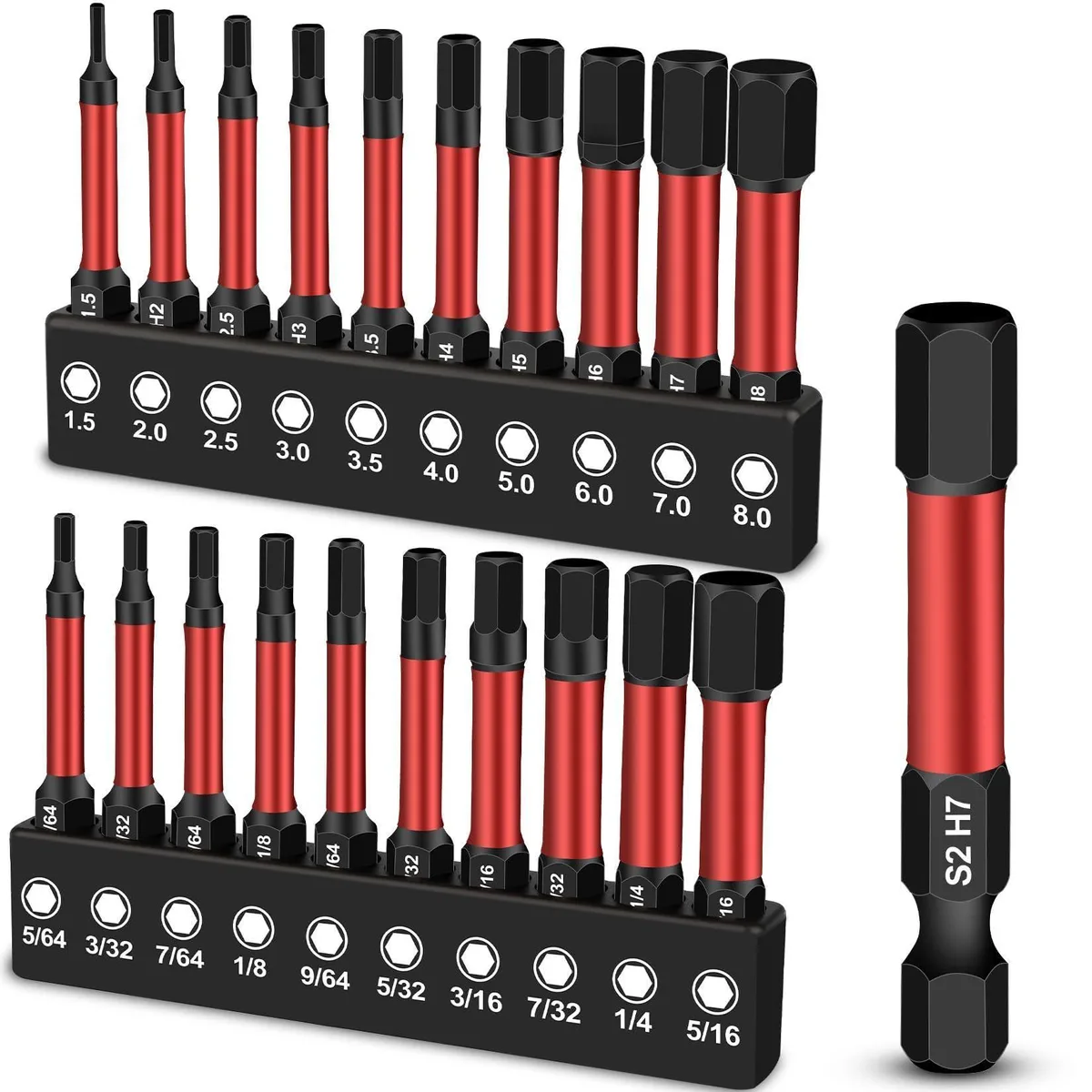 Twenty two-inch hex bits in a plastic case, mixed SAE and metric sizes marked on each shaft