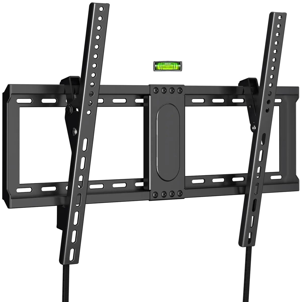 Black metal TV wall bracket with tilting arms and mounting hardware