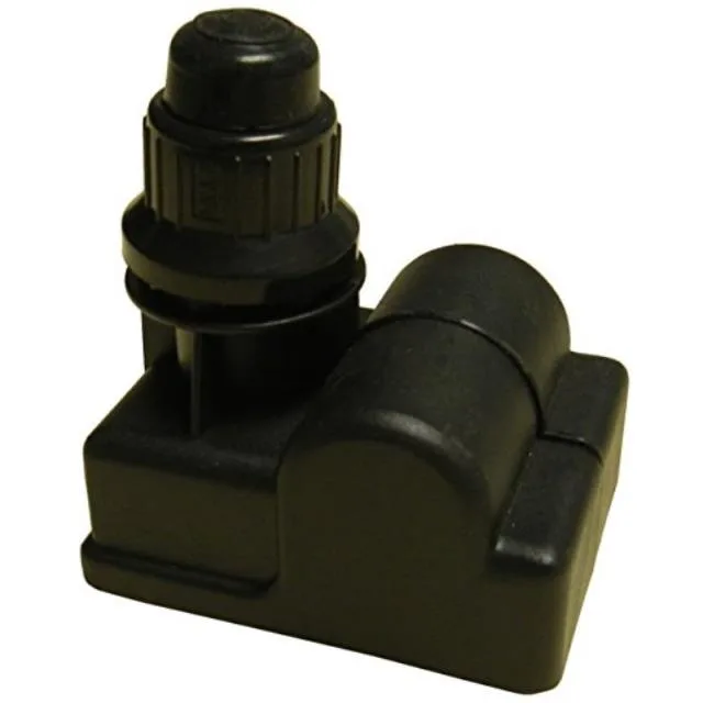 Small rectangular black plastic box with three metal spade terminals and a rubber-topped push button