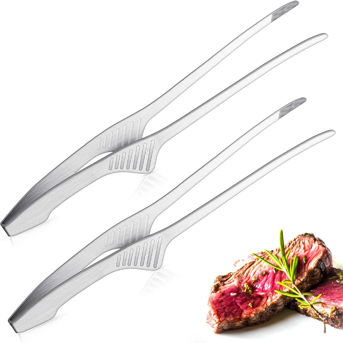 Two stainless steel BBQ tongs, 10 inch polished silver with self-standing support stands