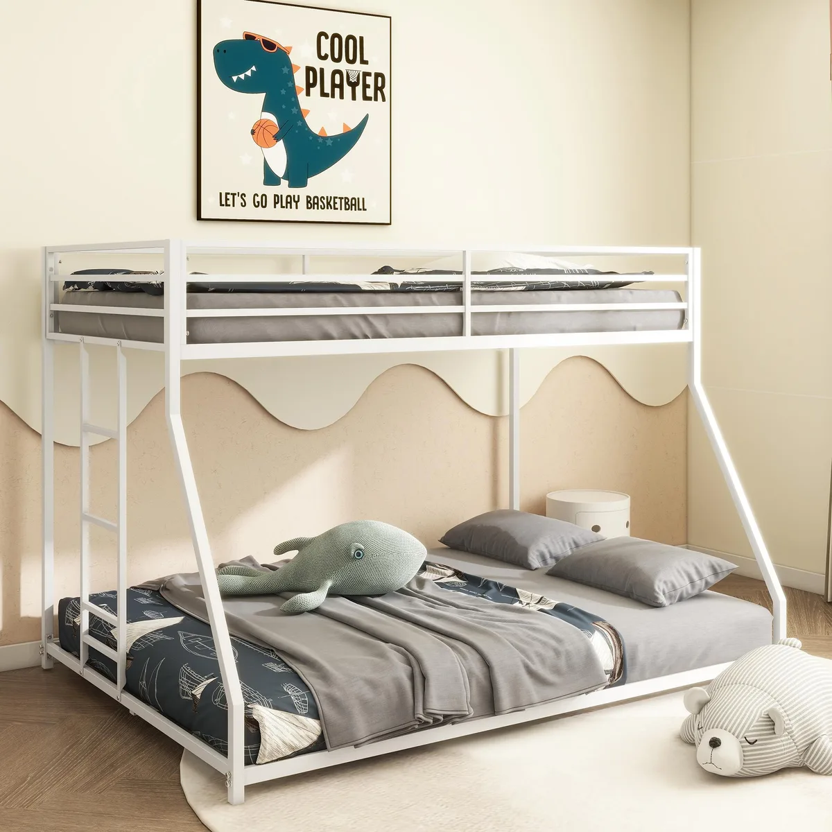 White metal twin-over-full bunk bed with ladder and guardrails