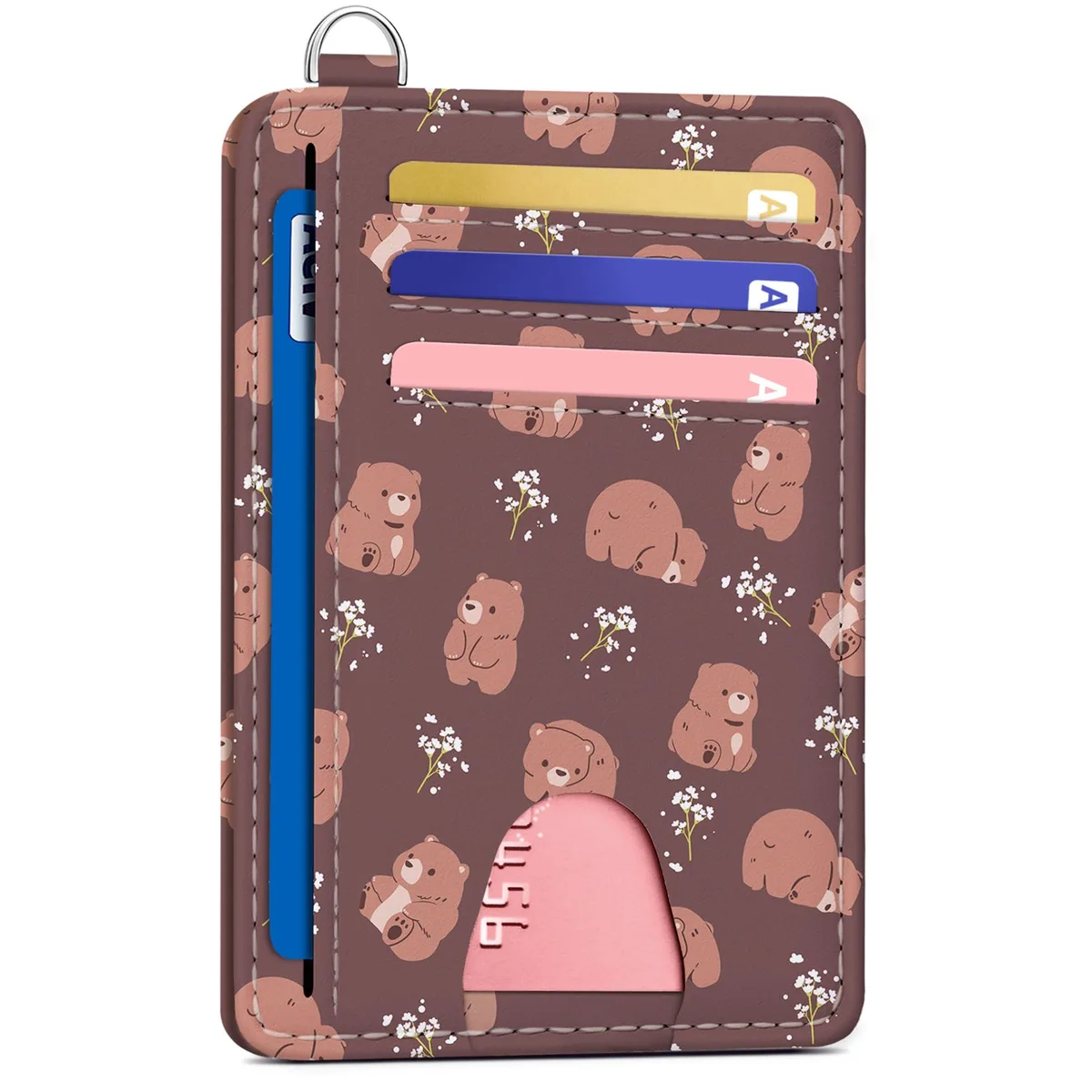 Blue faux leather slim wallet with cartoon pattern and D-shackle attachment