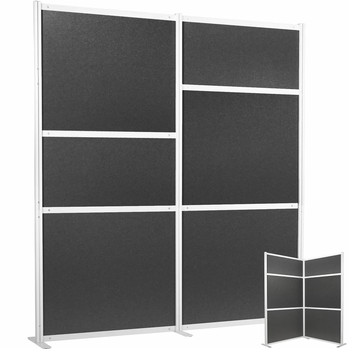 Two dark gray fabric panels with silver frames standing side by side on steel feet