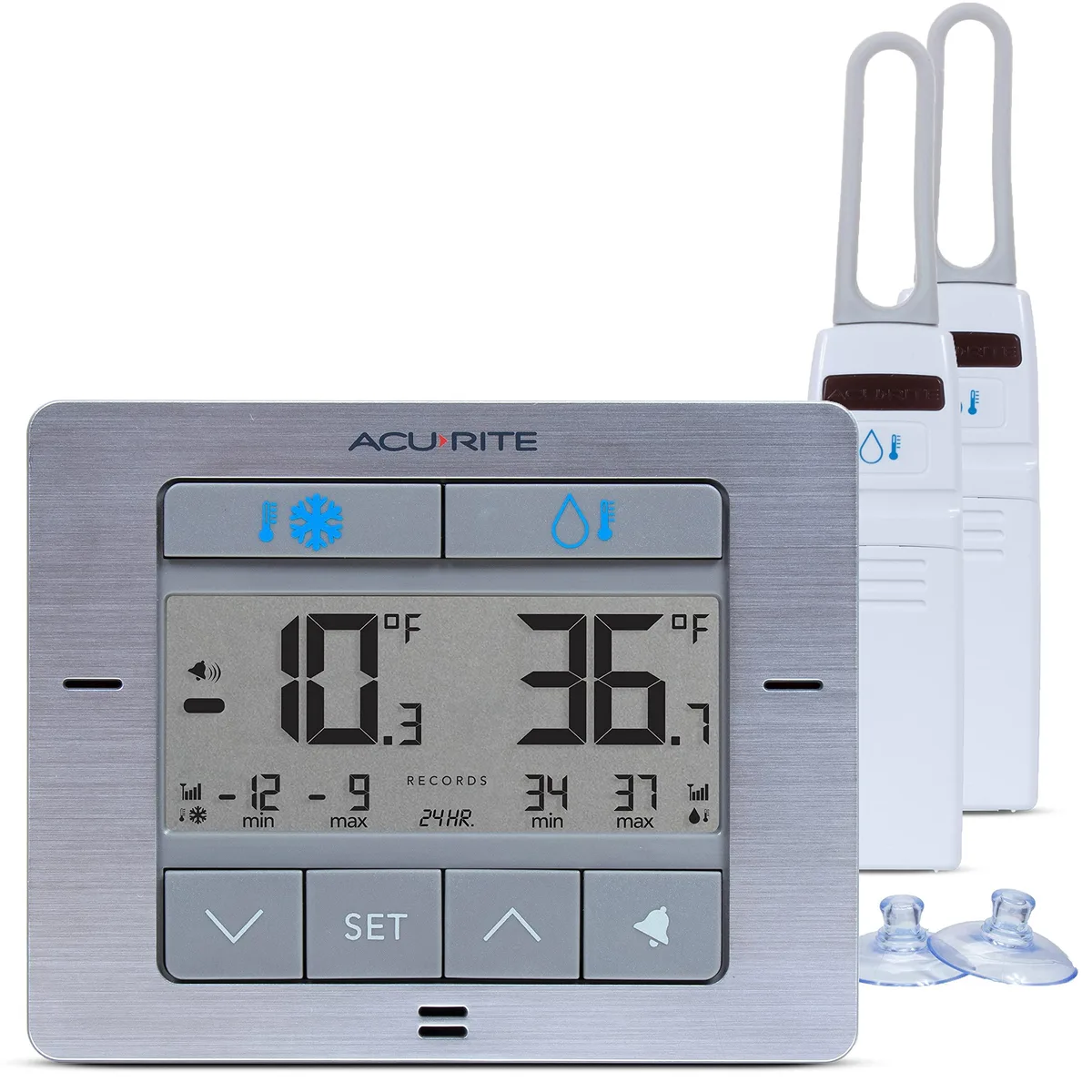 Stainless digital display with two wireless sensors, magnetic back and foldout stand
