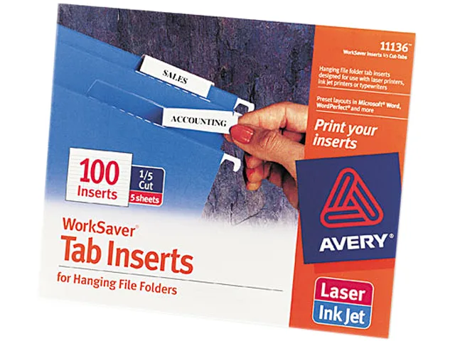 Avery Avery 11136(AVE) Printable Inserts for Hanging File Folders, White, 100/Pack — product photo