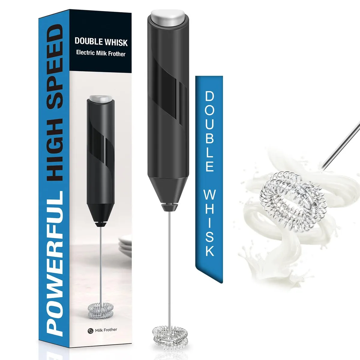 Black cylindrical handheld frother with silver button and double stainless steel whisk coil