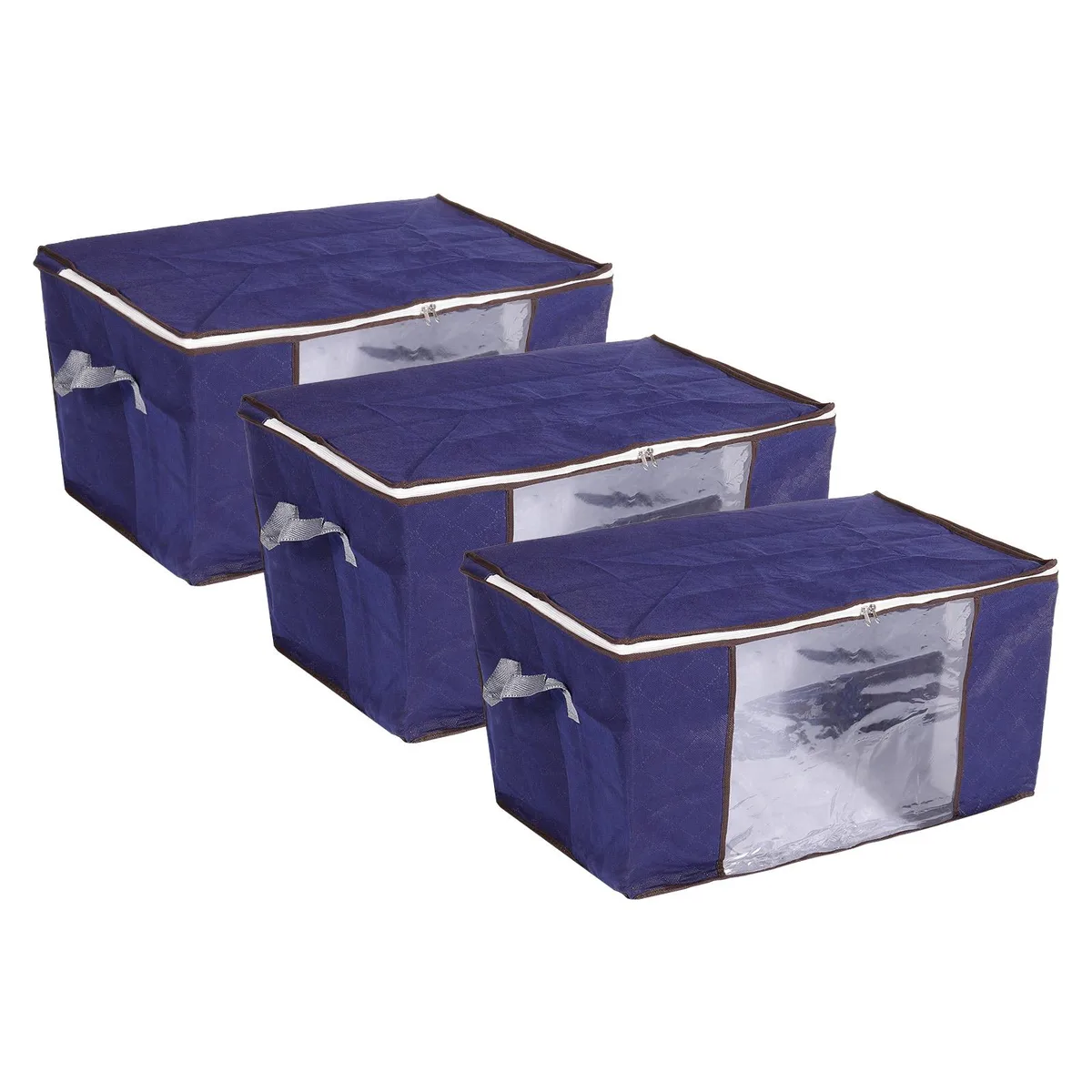 Three dark blue fabric storage boxes with clear front windows and reinforced handles