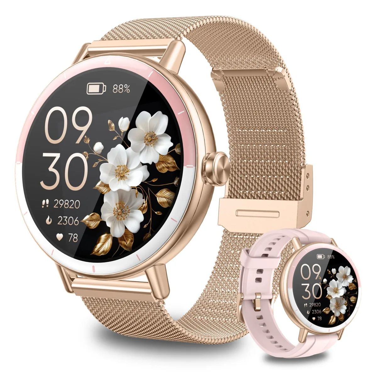 Pink smartwatch with 1.2 inch LCD screen and gold accents