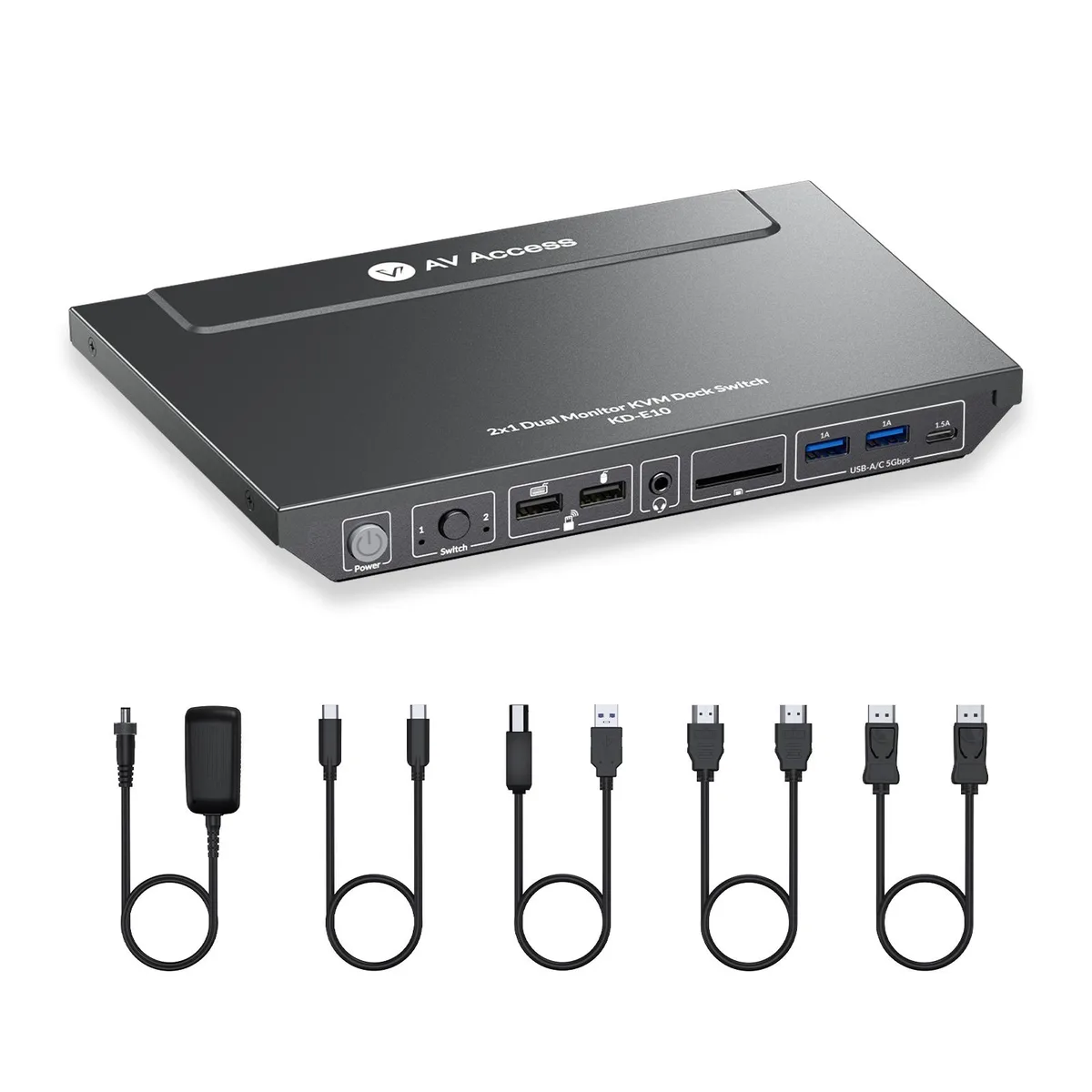 v AV Access AV Access KD-E10 KVM Switch 2 Computers 2 Monitors 4K@60Hz 100W PD 1G Ethernet 3x USB 3.0 — product photo