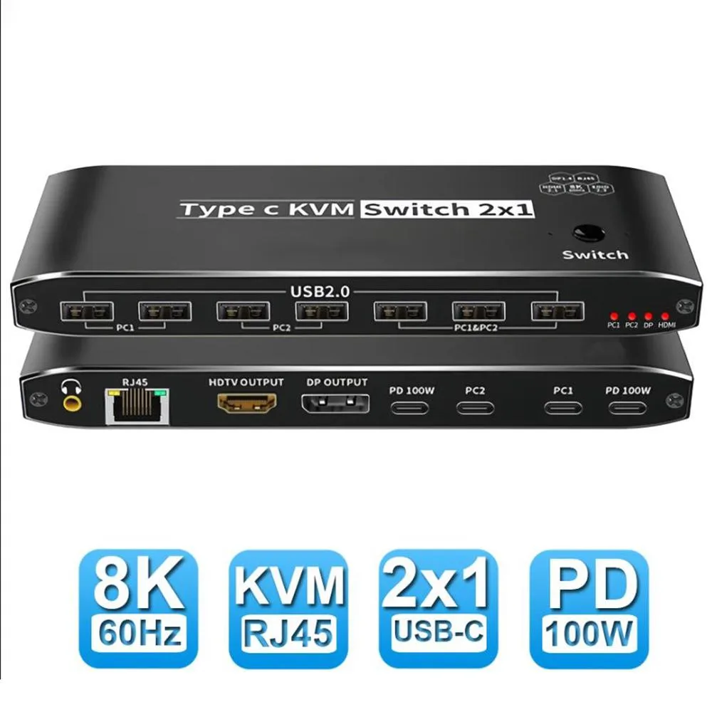 AUTYUE AUTYUE 2×1 USB-C KVM Switch 8K 60Hz 4K 144Hz 100W PD Ethernet — product photo