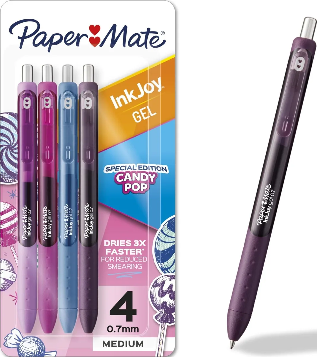 Four retractable gel pens in bright candy colours with rubber grips