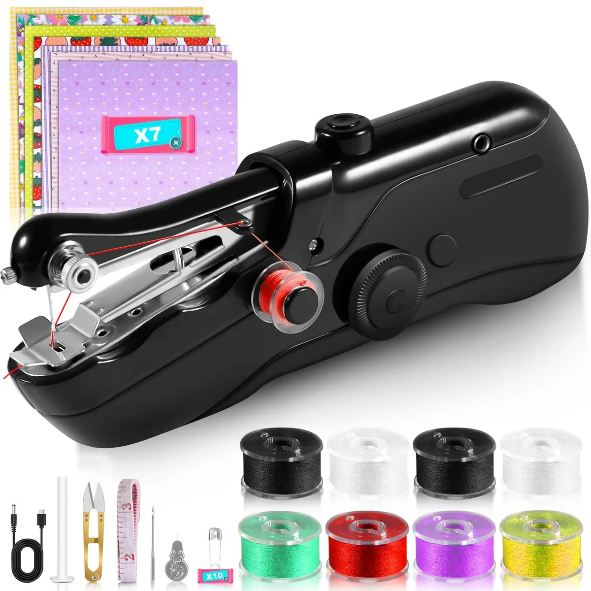 Black handheld sewing machine with compact ergonomic shape and included accessory kit