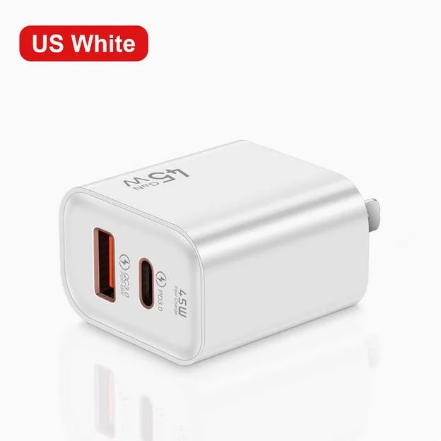 White rectangular wall charger with USB-C and USB-A ports