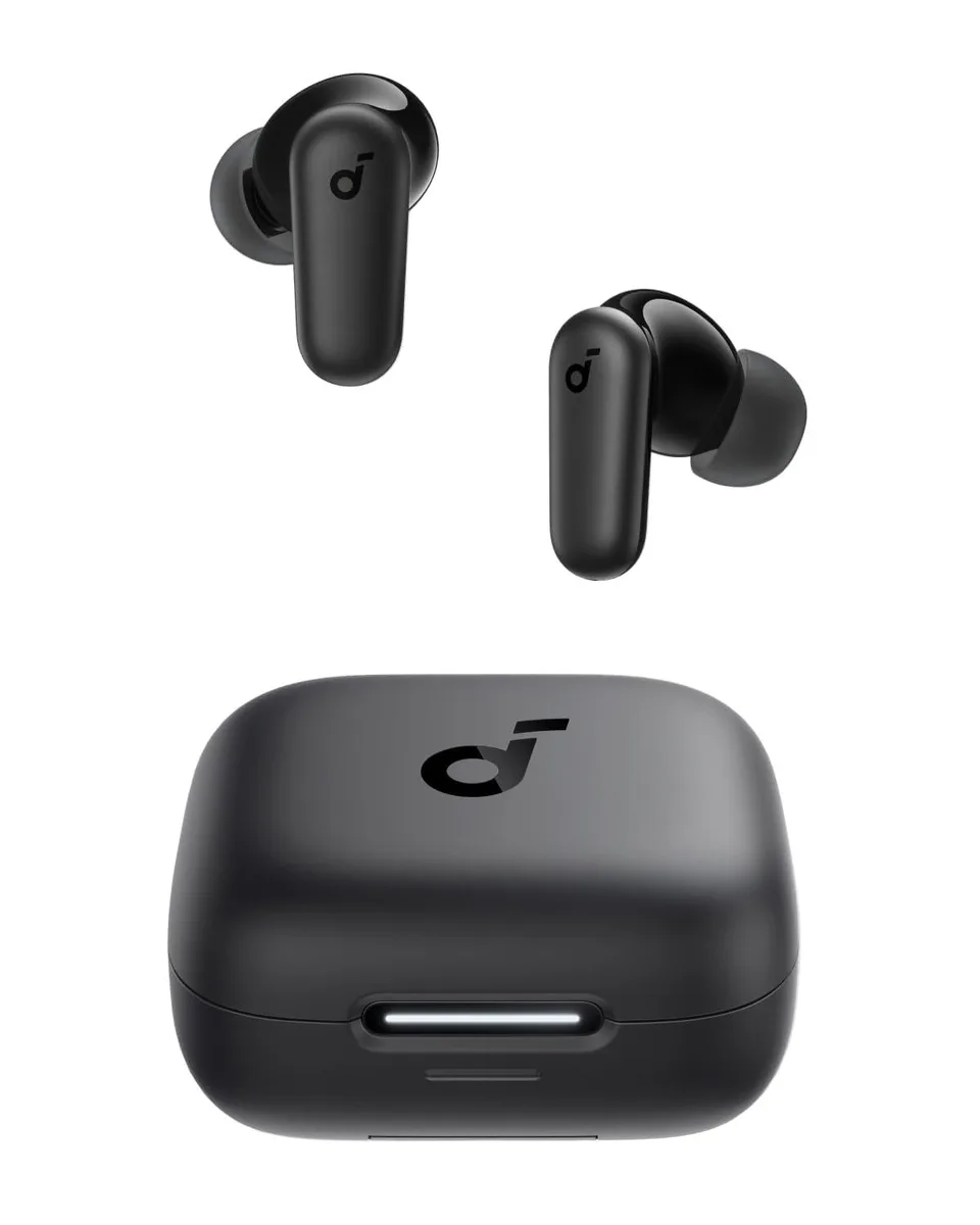 Black wireless earbuds in charging case with phone stand