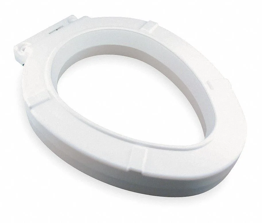 White elongated plastic toilet seat with stainless steel hinges, no cover