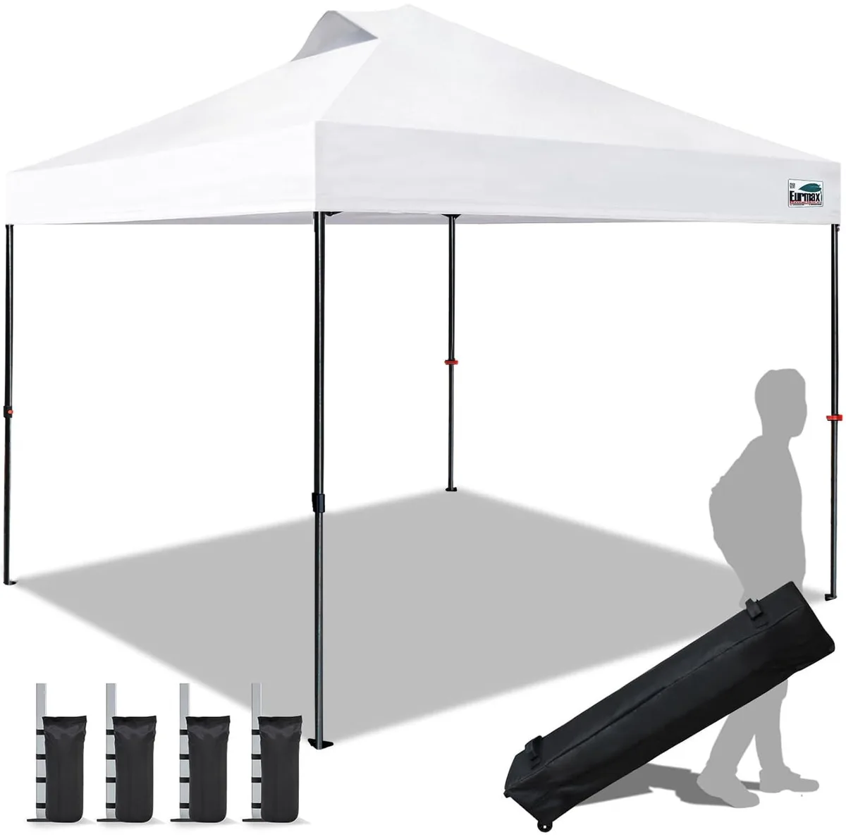 White 10x10ft pop-up canopy with alloy steel frame and polyester top