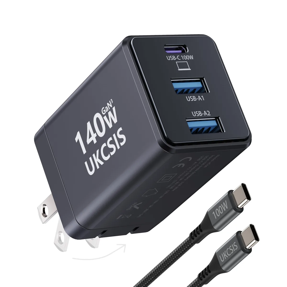 Compact grey GaN charger with foldable plug and three ports
