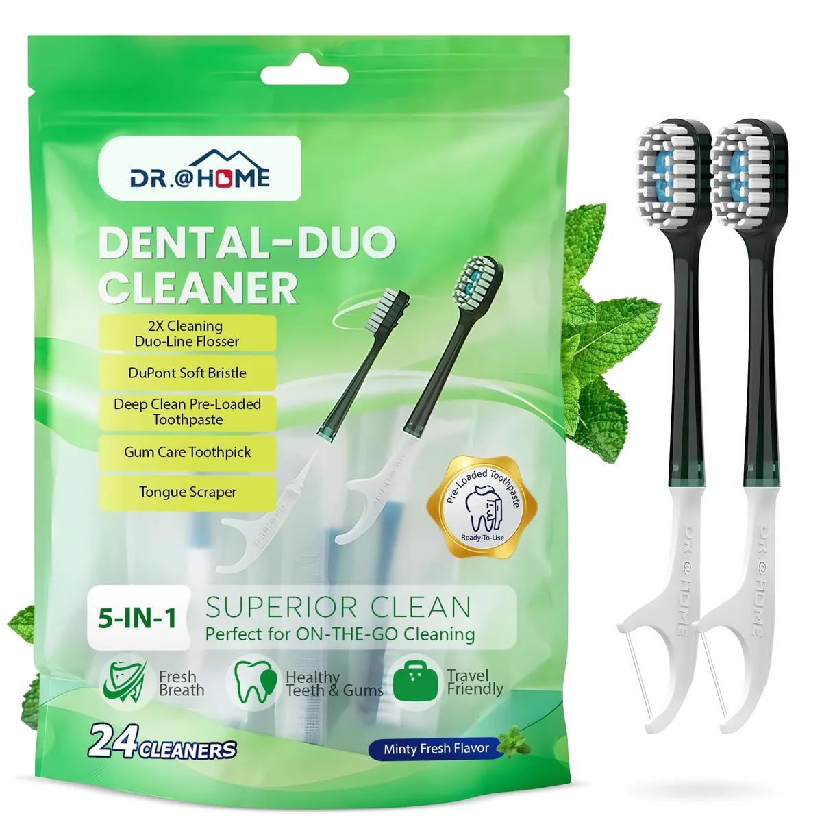 A pack of 24 individually wrapped mint oral care sets with pre-pasted brush, floss, pick and tongue scraper
