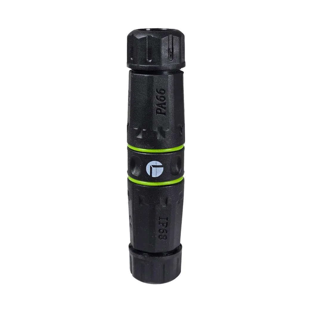 Five black waterproof RJ45 couplers with shielded metal housing and rubber seals