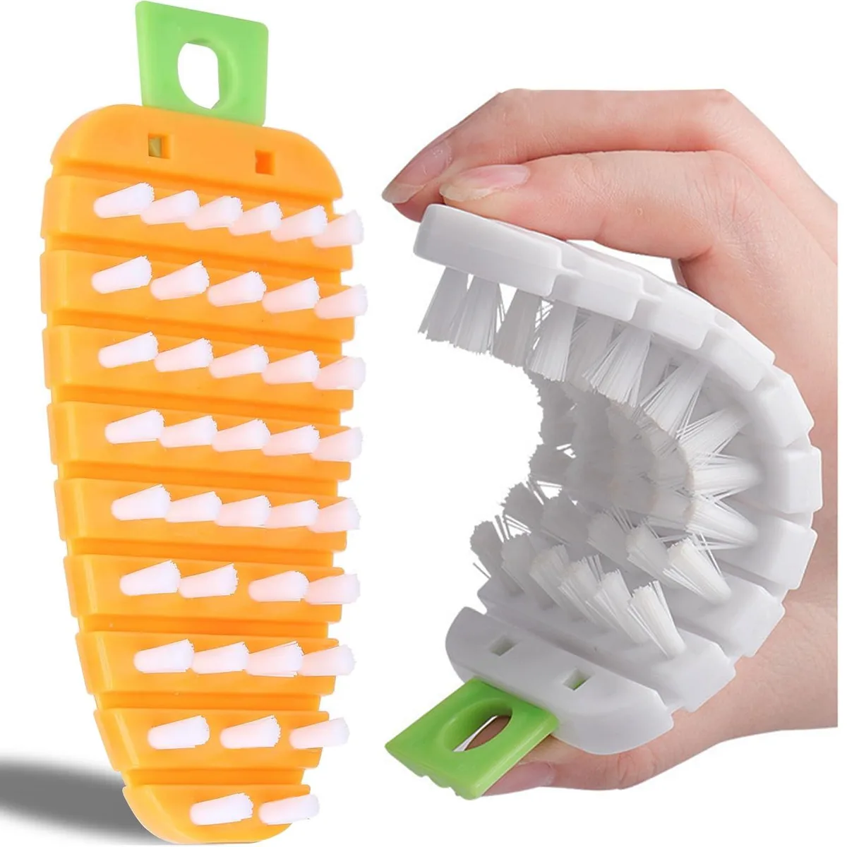 Two bendable vegetable brushes orange and white with anti-slip grip and hanging hole