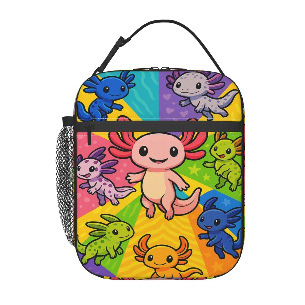 Beige polyester lunch bag with axolotl print, insulated main compartment, front zip pocket, side mesh pocket