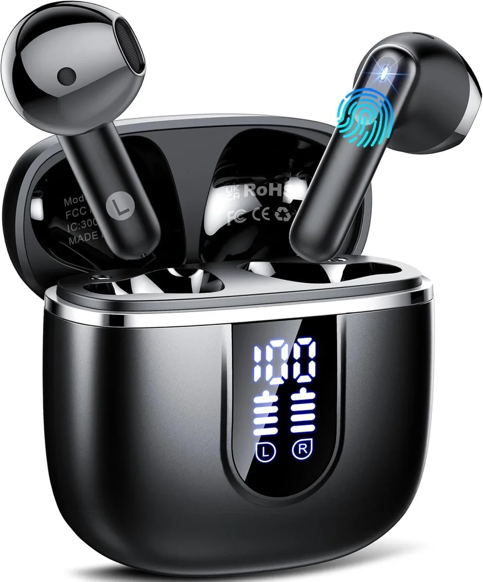 Black in-ear wireless earbuds in matching charging case with LED display