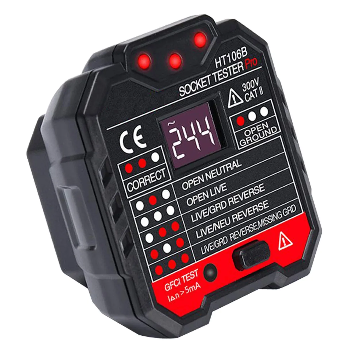 Black US-plug socket tester with LED display, 59.5 by 57 by 57 mm, flame-retardant ABS