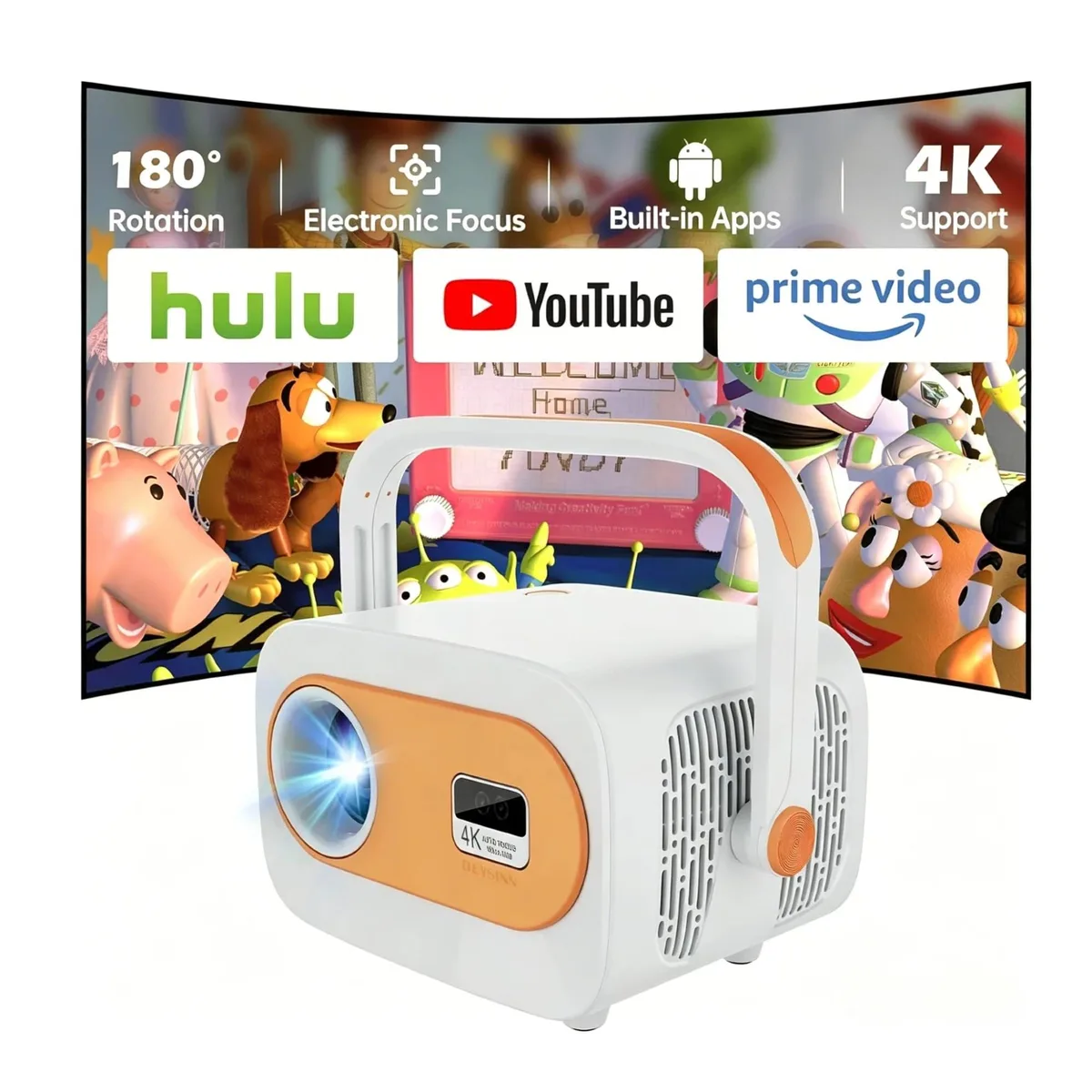 Beige rectangular mini projector with front lens and top controls