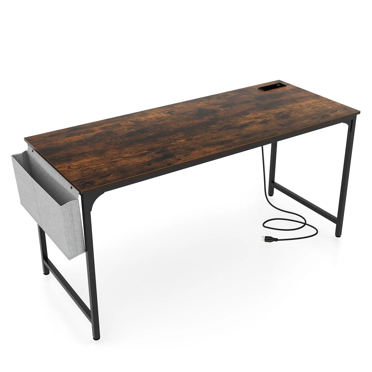 A rustic-brown rectangular desk with black metal frame and a fabric storage bag hanging underneath