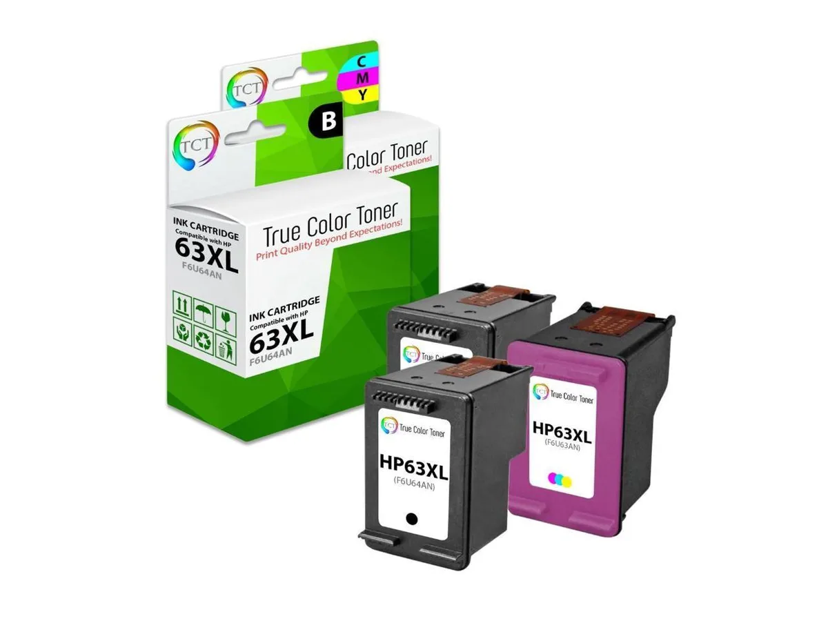 Three new ink cartridges in sealed packaging, one black and two colour, for HP 63XL printers