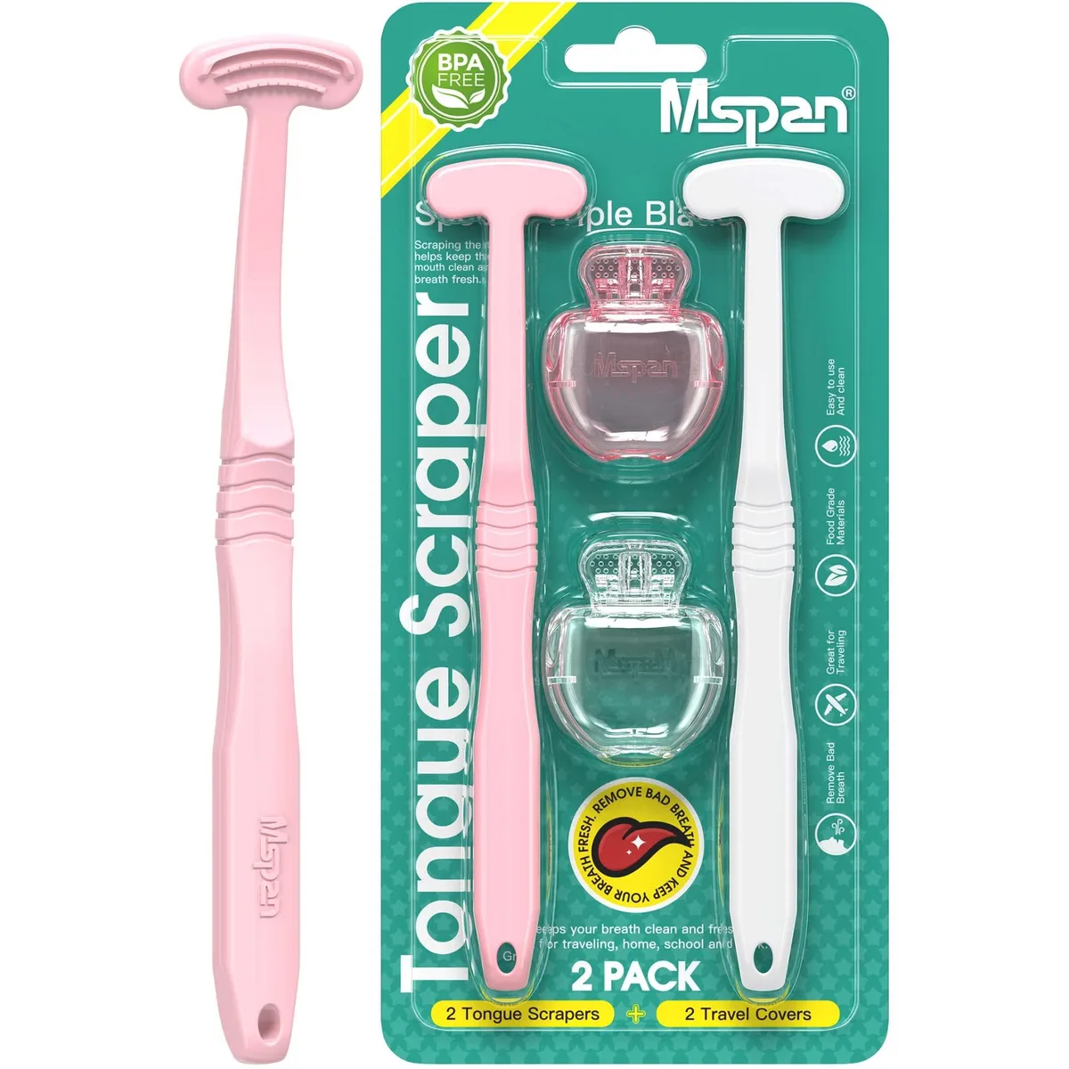 Two pink and white tongue scrapers with travel cases
