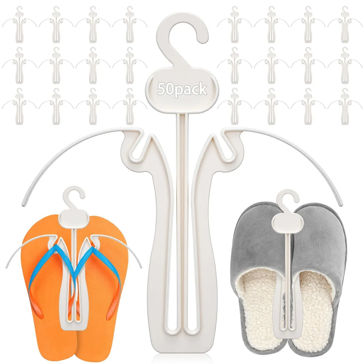 Fifty white plastic sandal hangers, each 7.5 inches wide, dual curved arms, open frame design
