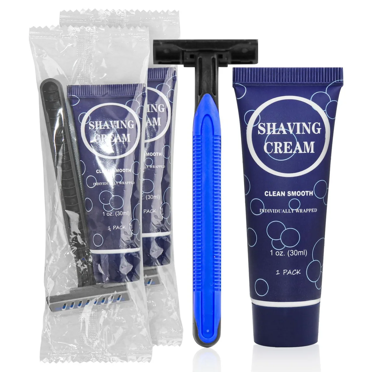 Ten individually wrapped black twin-blade razors with mini shaving cream tubes