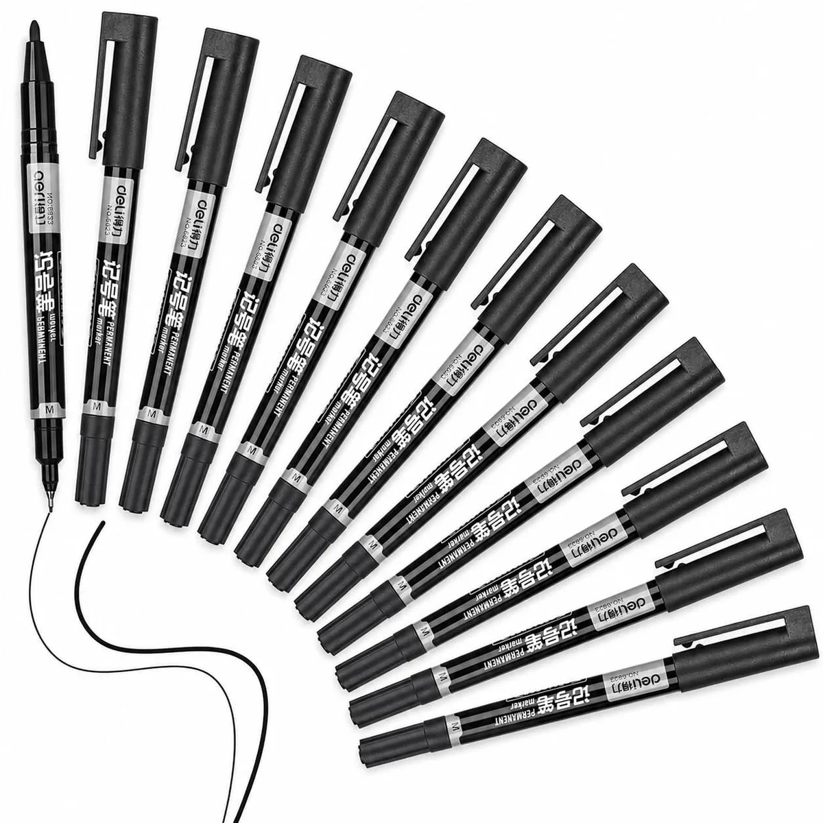 Twelve black dual-tip permanent markers with 0.5mm and 1.2mm nibs